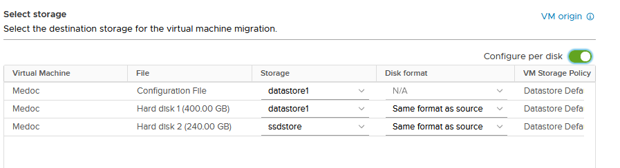 how to migrate one disk to another datastore in vmWare vCenter